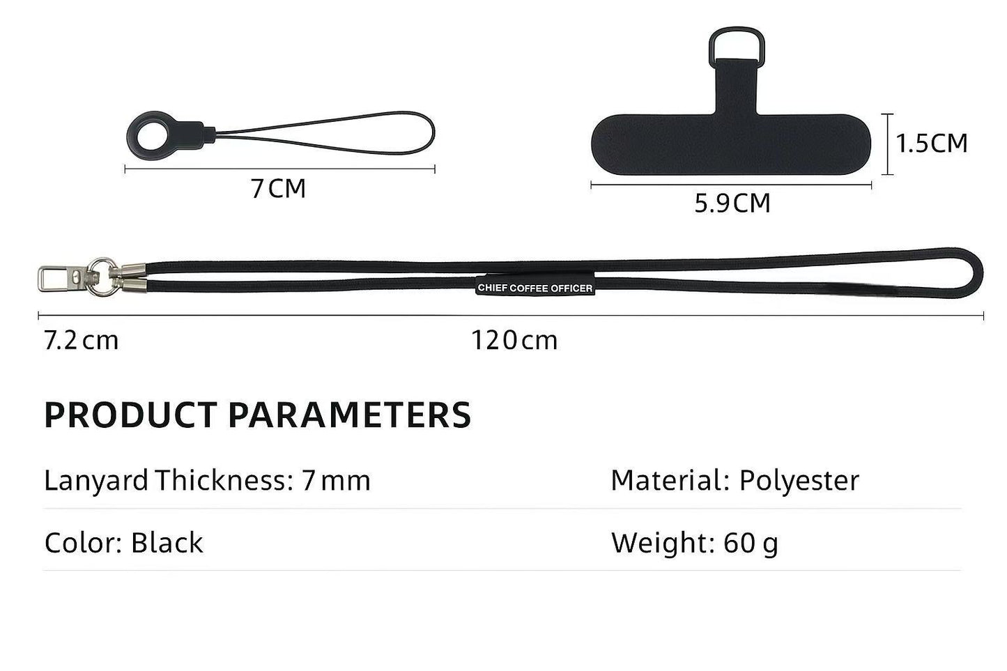 CCO Black Phone Lanyard – 47” Adjustable Crossbody & Neck Strap, 0.28” Thick with Patch Tether, Hands-Free Cellphone Holder for Travel, Work & Daily Use